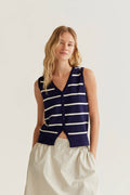 Gilet in maglia con stampa a righe blu navy e bianche