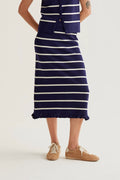 Gonna midi in maglia a righe blu navy e bianche