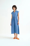 Abito midi azzurro in chambray 100% cotone