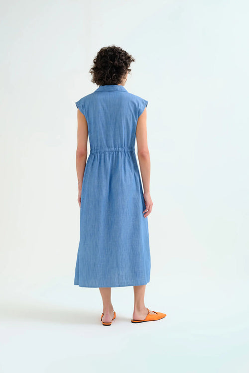 Abito midi azzurro in chambray 100% cotone
